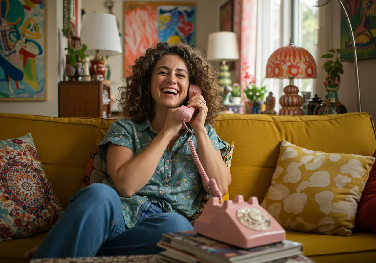 Woman talking on pink landline phone
